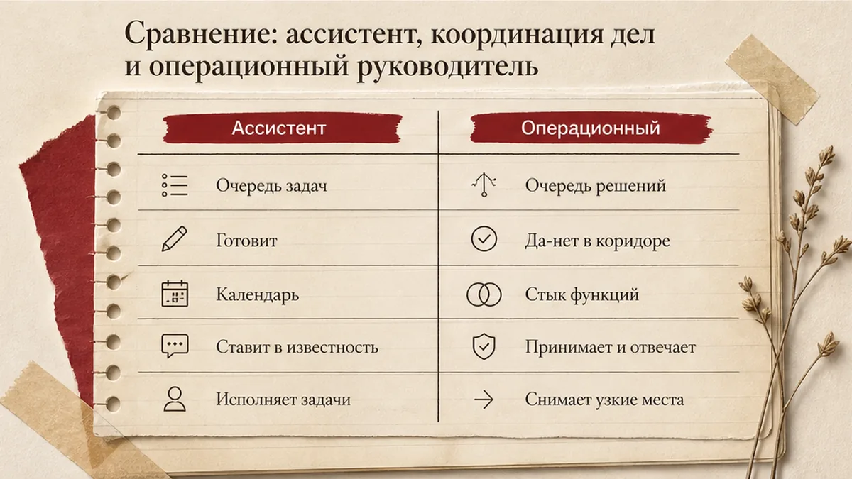 Сравнение ассистента, координатора дел и операционного руководителя по праву решать