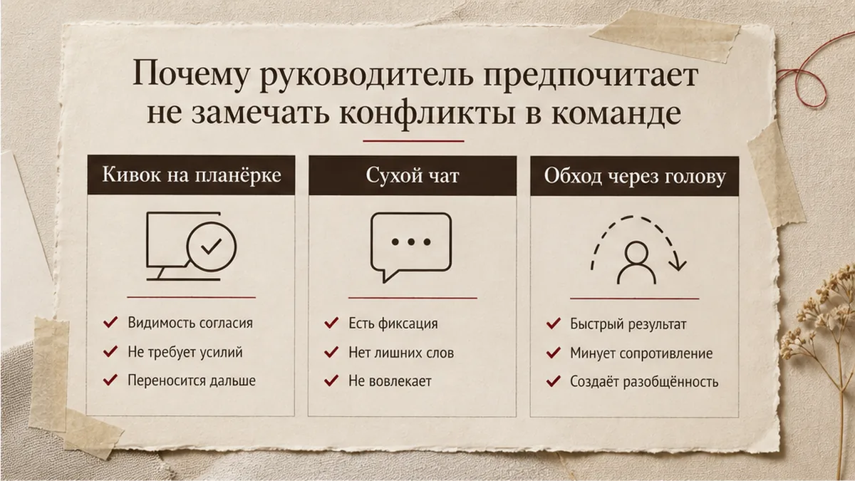 Схема: кивок, сухой чат и обход как признаки конфликта в команде, который лидер не называет