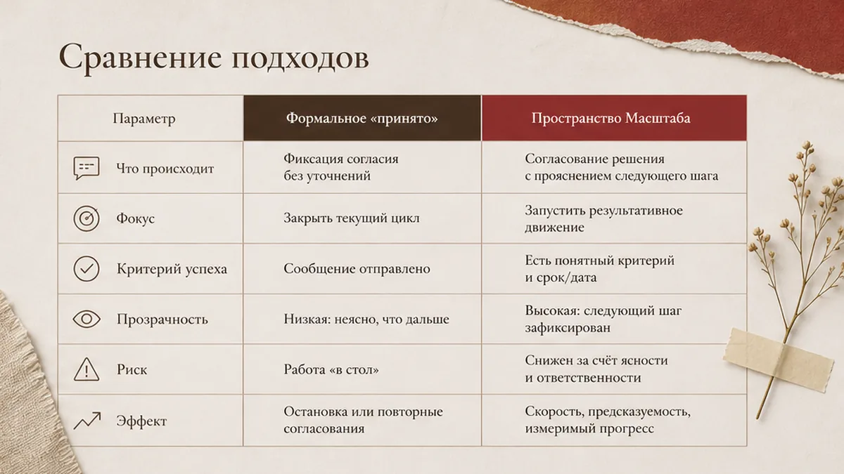 Схема: факт разговора против сдвига работы — кивок, критерий, дата, цена повтора
