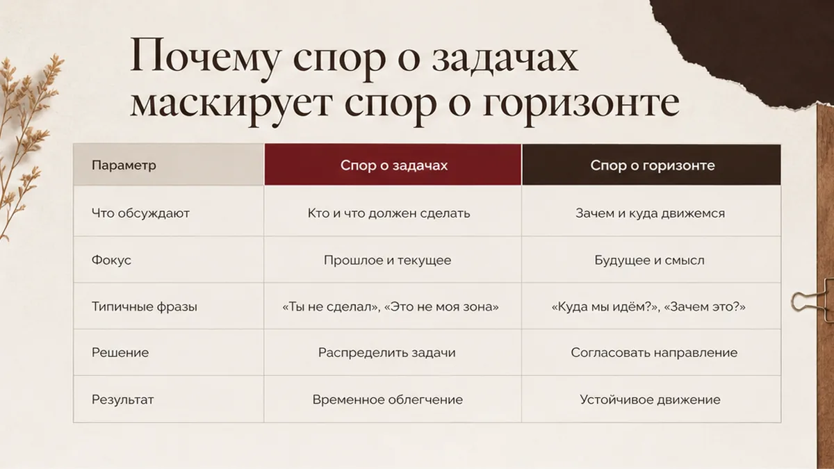 Сравнительная таблица / editorial card: Почему спор о задачах маскирует спор о горизонте