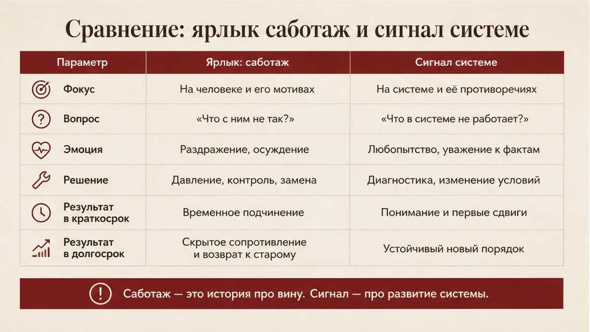 Сравнение ярлыка саботажа и сигнала: роль, маршрут, ответственность, прошлый провал внедрения