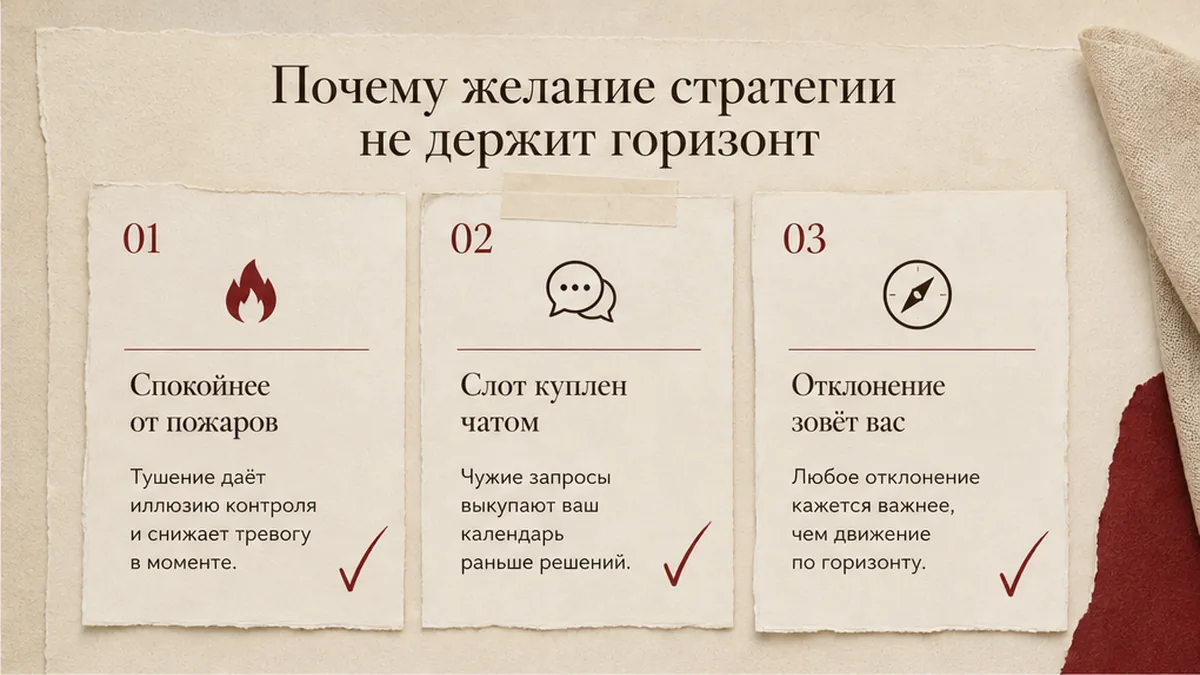 Схема: желание стратегии против удержания горизонта — слот, срочное, отказ