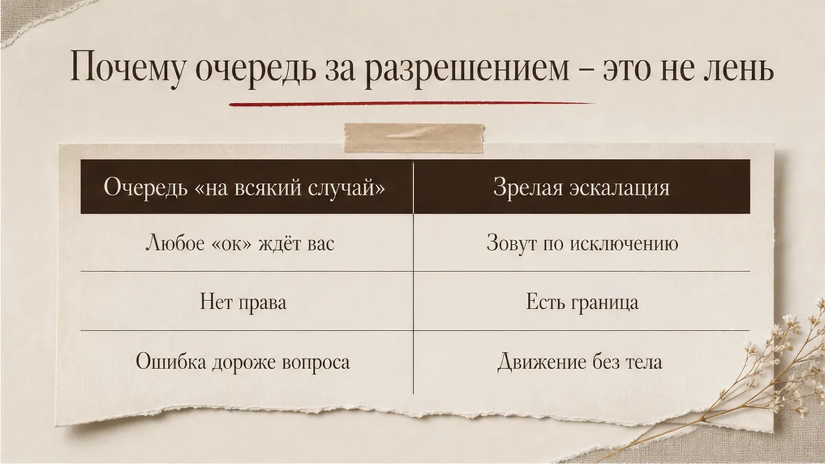 Схема: очередь за разрешением против зрелой эскалации